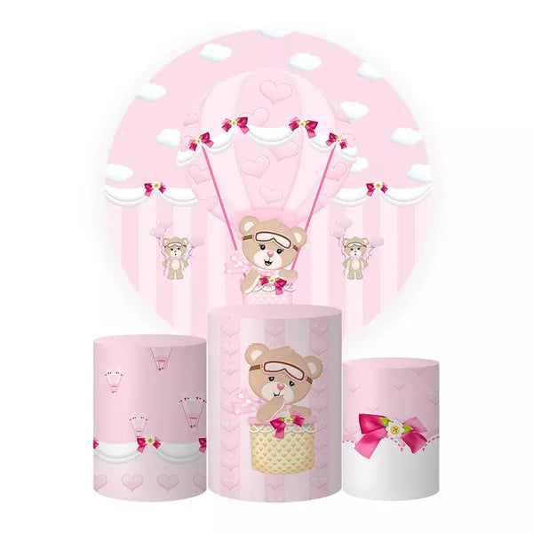 Kit Painel Redondo e Trio Capas Cilindro Sublimado Ursinha Baoleira Rosa