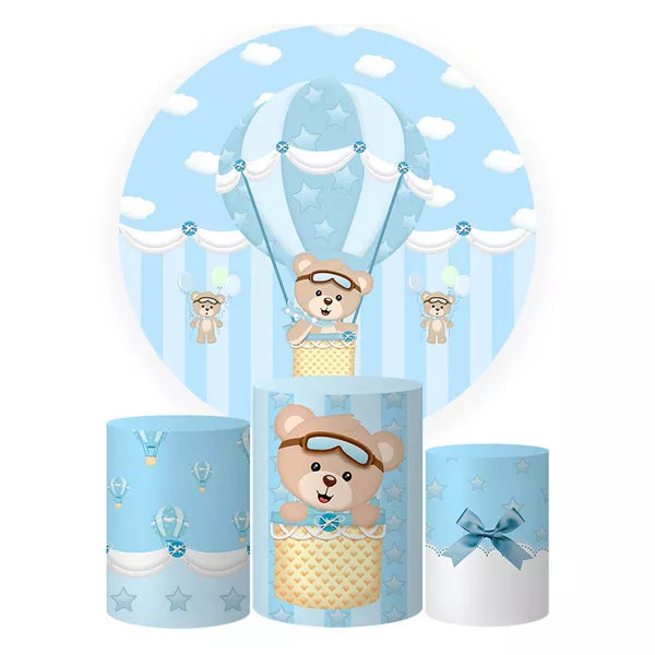 Kit Painel Redondo e Trio Capas Cilindro Sublimado Ursinho Baoleiro Azul