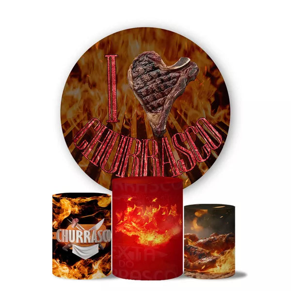 Kit Painel Redondo e Trio Capas Cilindro Sublimado Churrasco
