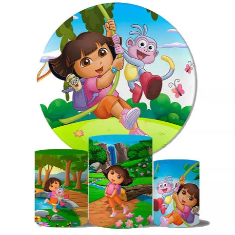 Kit Painel Redondo e Trio Capas Cilindro Sublimado Dora Aventureira
