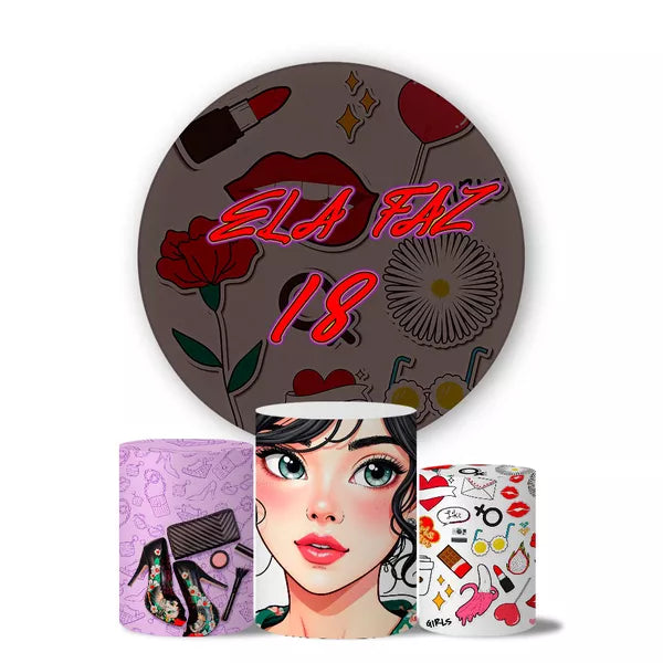 Kit Painel Redondo e Trio Capas Cilindro Sublimado 18 Anos