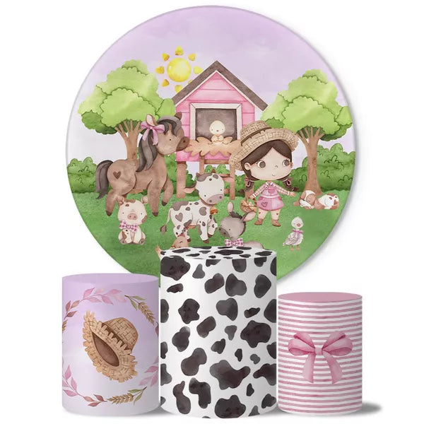 Kit Painel Redondo e Trio Capas Cilindro Sublimado Fazendinha