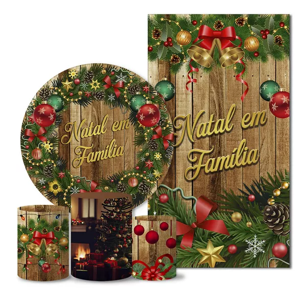 Kit Painel Redondo e Trio Capas Cilindro Veste Fácil C/Elástico e Painel Retangular Sublimado Tecido Natal CKPC- 007