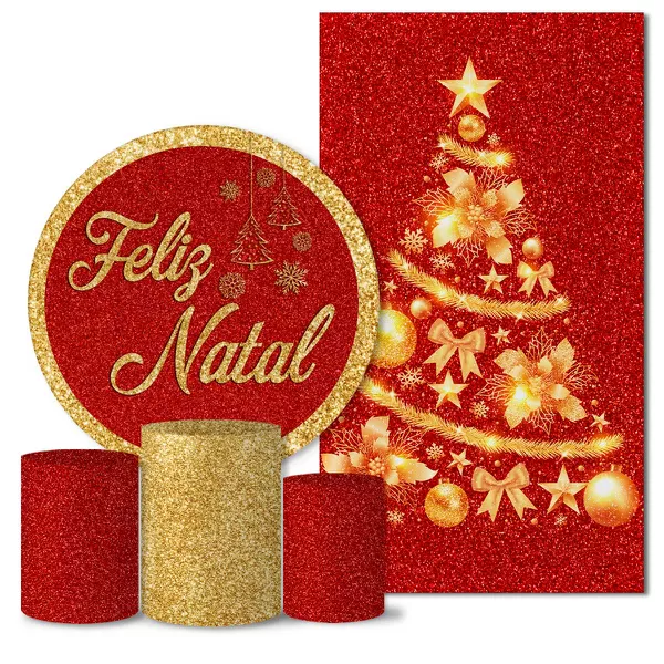 Kit Painel Redondo e Trio Capas Cilindro Veste Fácil C/Elástico e Painel Retangular Sublimado Tecido Natal CKPC- 003
