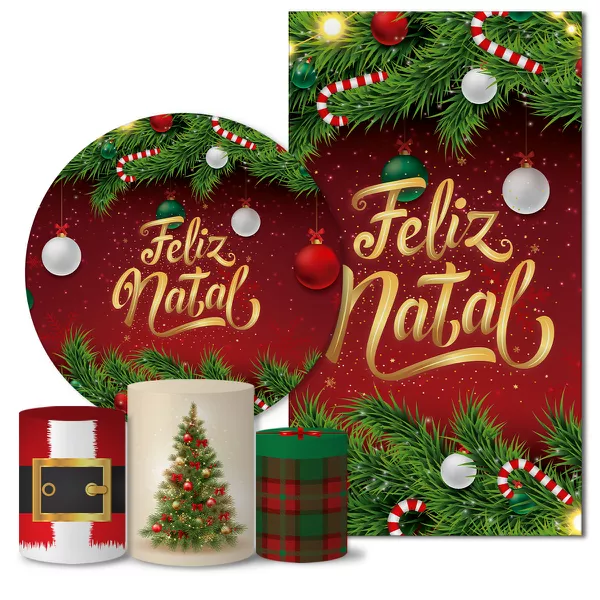 Kit Painel Redondo e Trio Capas Cilindro Veste Fácil C/Elástico e Painel Retangular Sublimado Tecido Natal CKPC- 005