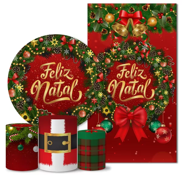 Kit Painel Redondo e Trio Capas Cilindro Veste Fácil C/Elástico e Painel Retangular Sublimado Tecido Natal CKPC- 006