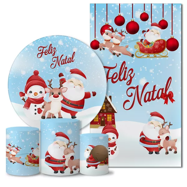 Kit Painel Redondo e Trio Capas Cilindro Veste Fácil C/Elástico e Painel Retangular Sublimado Tecido Natal CKPC- 008