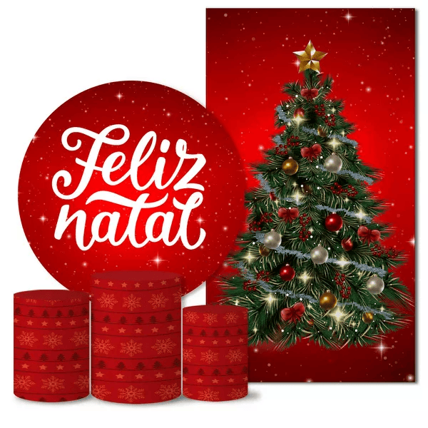 Kit Painel Redondo e Trio Capas Cilindro Veste Fácil C/Elástico e Painel Retangular Sublimado Tecido Natal CKPC- 004