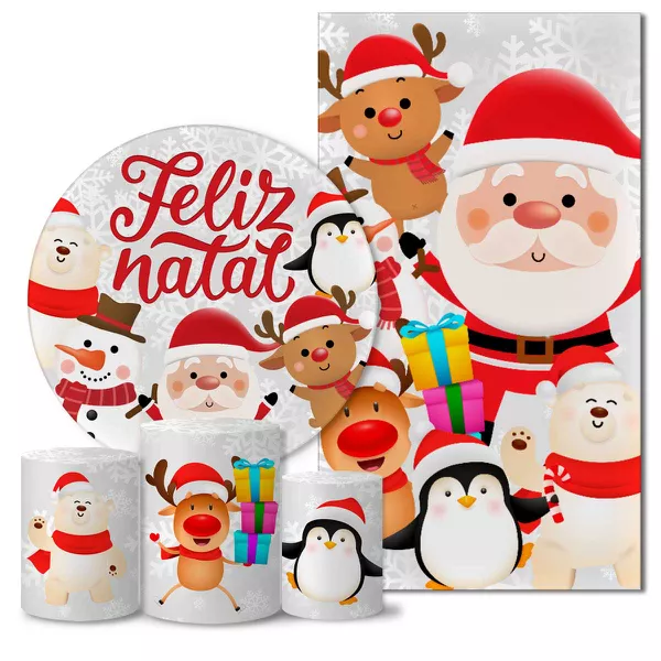 Kit Painel Redondo e Trio Capas Cilindro Veste Fácil C/Elástico e Painel Retangular Sublimado Tecido Natal CKPC- 001