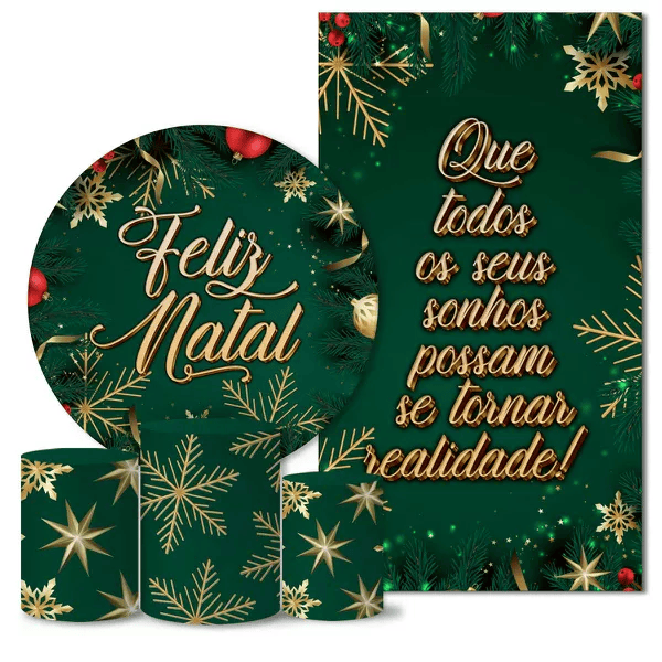 Kit Painel Redondo e Trio Capas Cilindro Veste Fácil C/Elástico e Painel Retangular Sublimado Tecido Natal CKPC- 002