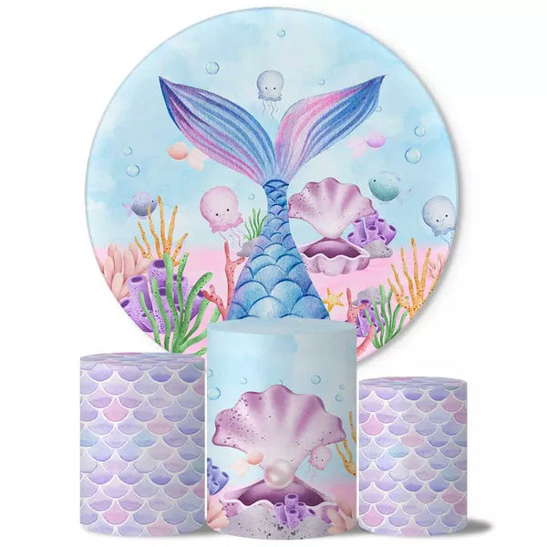 Kit Painel Redondo e Trio Capas Cilindro Sublimado Sereia