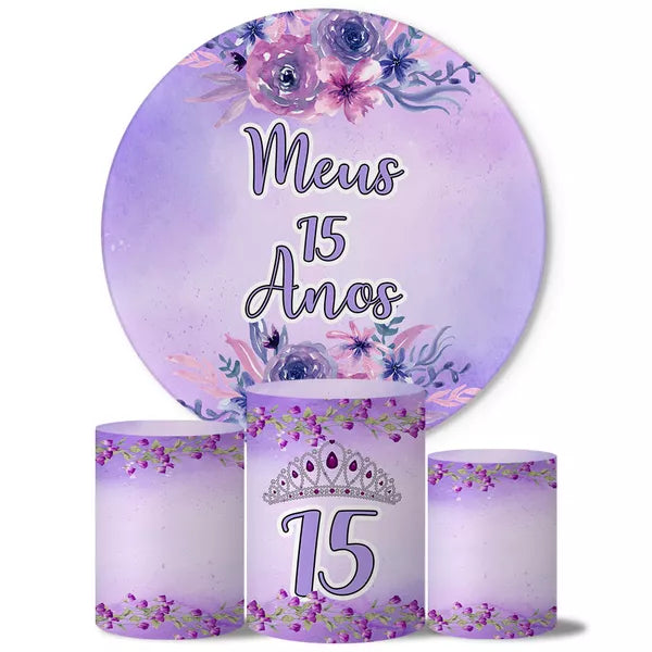 Kit Painel Redondo e Trio Capas Cilindro Sublimado Meus 15 Anos