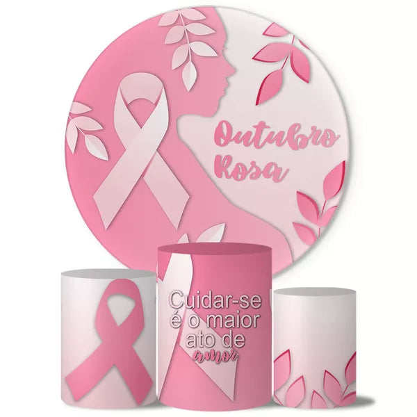 Kit Painel Redondo e Trio Capas Cilindro Sublimado Outubro Rosa