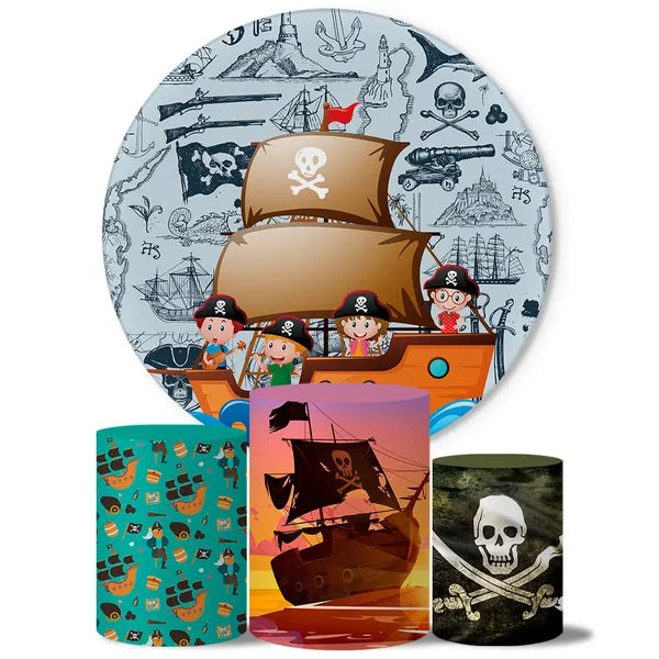 Kit Painel Redondo e Trio Capas Cilindro Sublimado Piratas