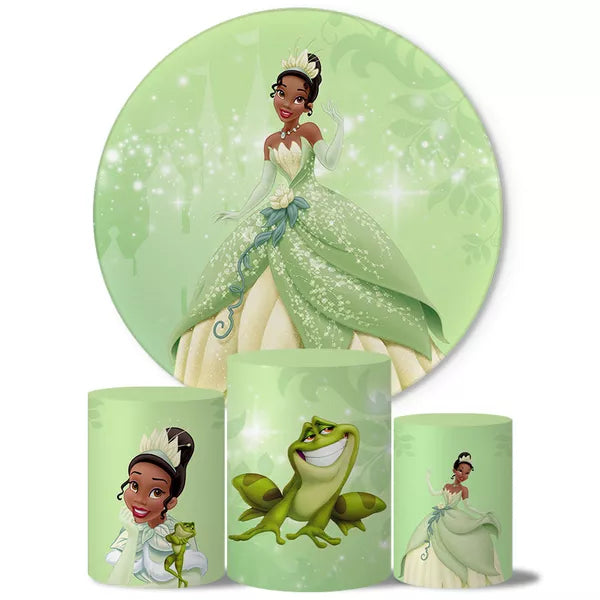 Kit Painel Redondo e Trio Capas Cilindro Sublimado Princesa e o Sapo
