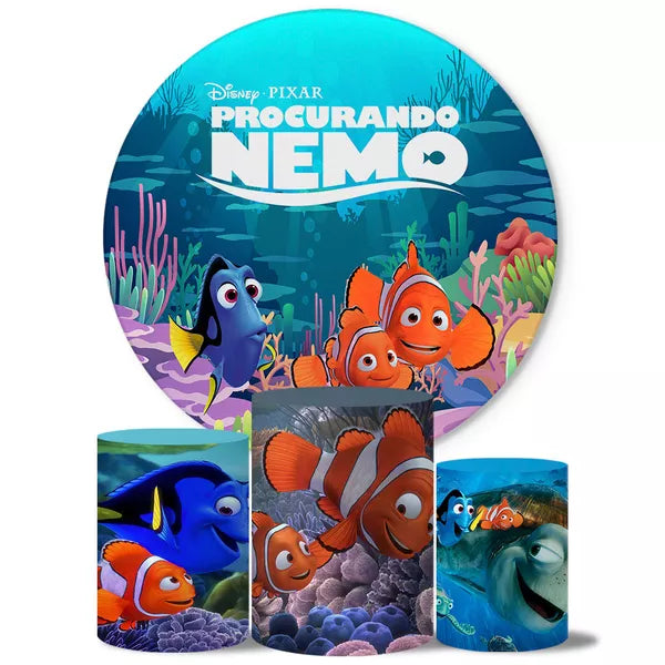 Kit Painel Redondo e Trio Capas Cilindro Sublimado Pocurando o Nemo