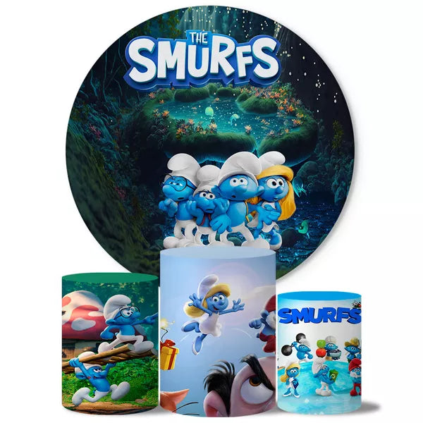 Kit Painel Redondo e Trio Capas Cilindro Sublimado Smurfs