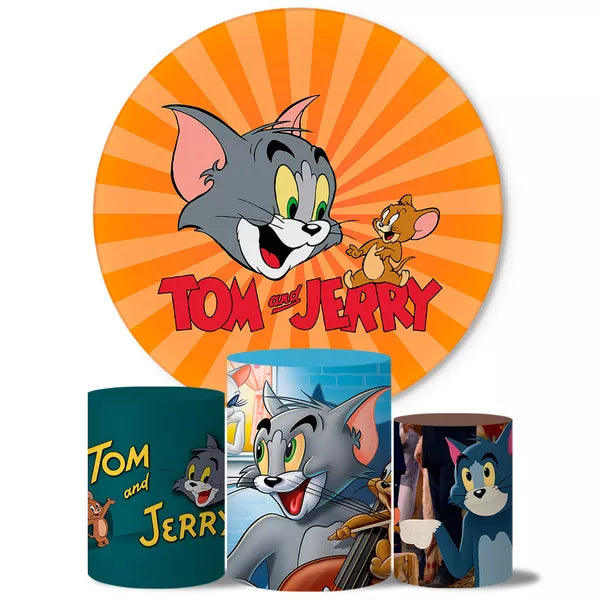 Kit Painel Redondo e Trio Capas Cilindro Sublimado Tom e Jerry