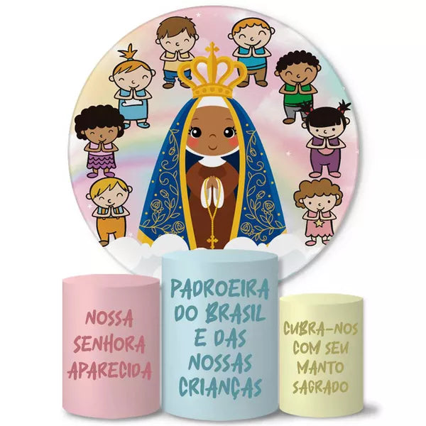 Kit Painel Redondo e Trio Capas Cilindro Sublimado Nossa Senhora Aparecida