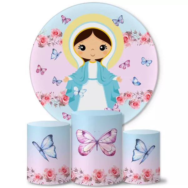 Kit Painel Redondo e Trio Capas Cilindro Sublimado Nossa Senhora Aparecida